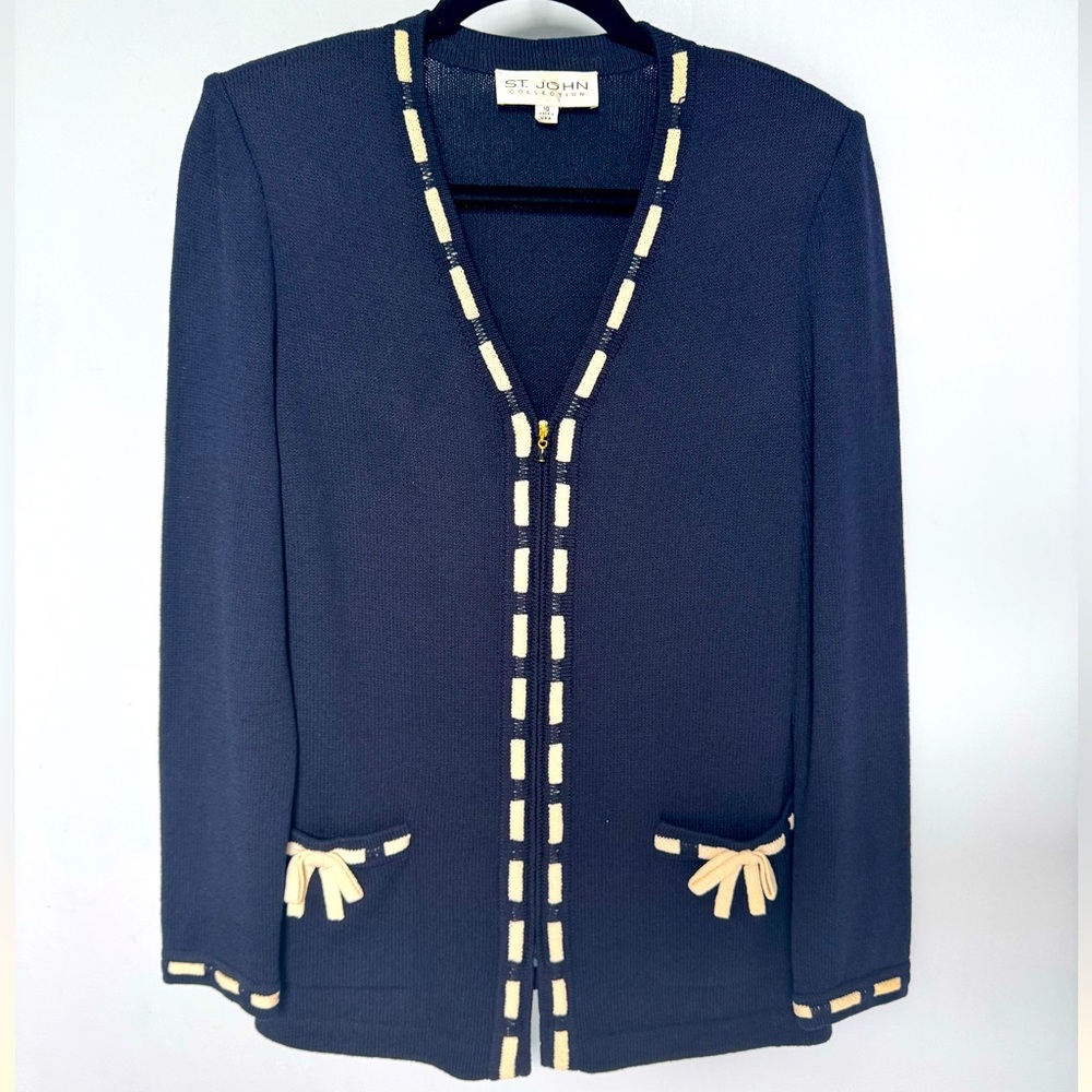 St. John Navy Cardigan with Cream Accents